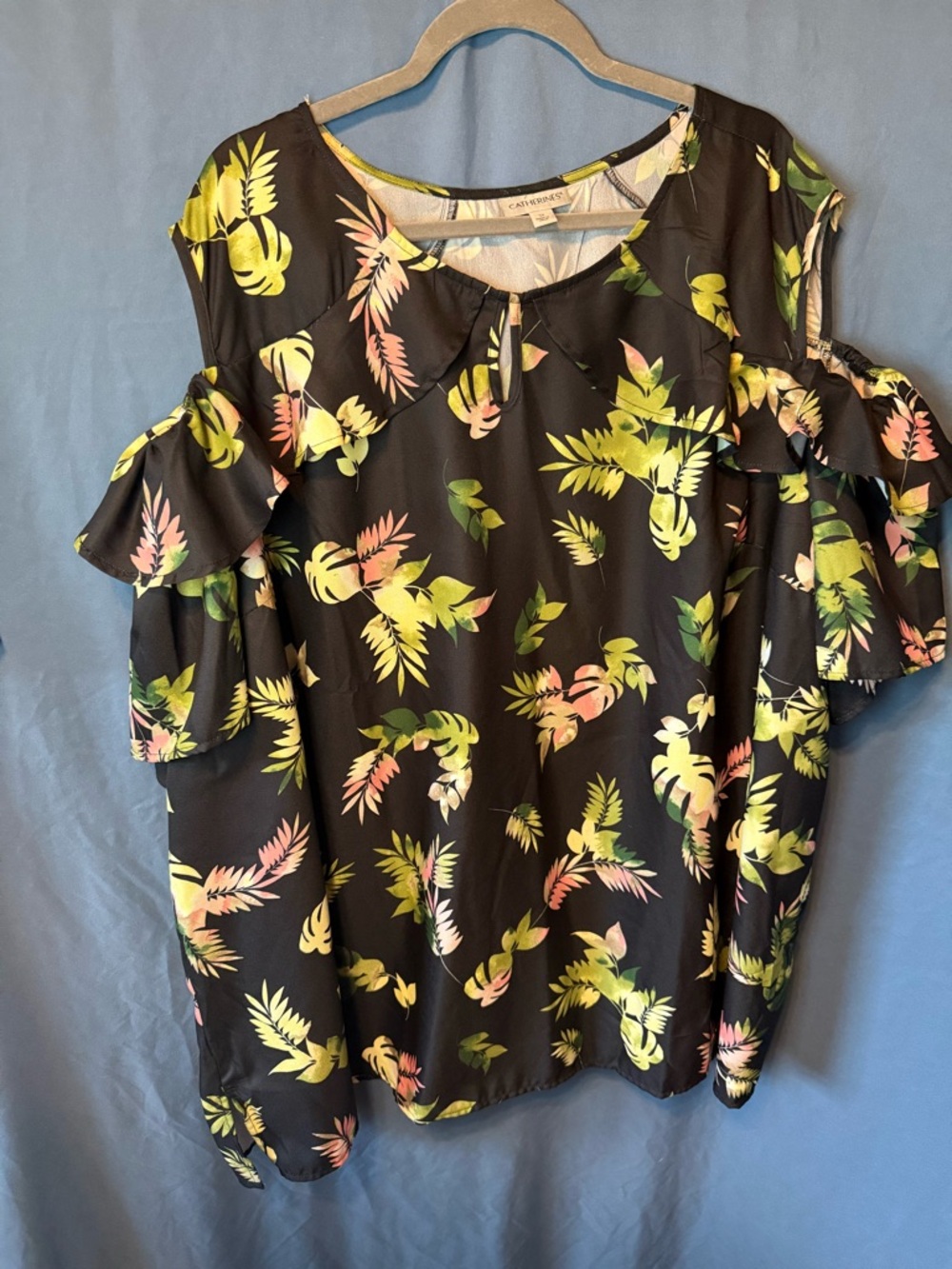 Cold-Shoulder Floral Blouse - Black with Green & Pink Print with a Keyhole neck